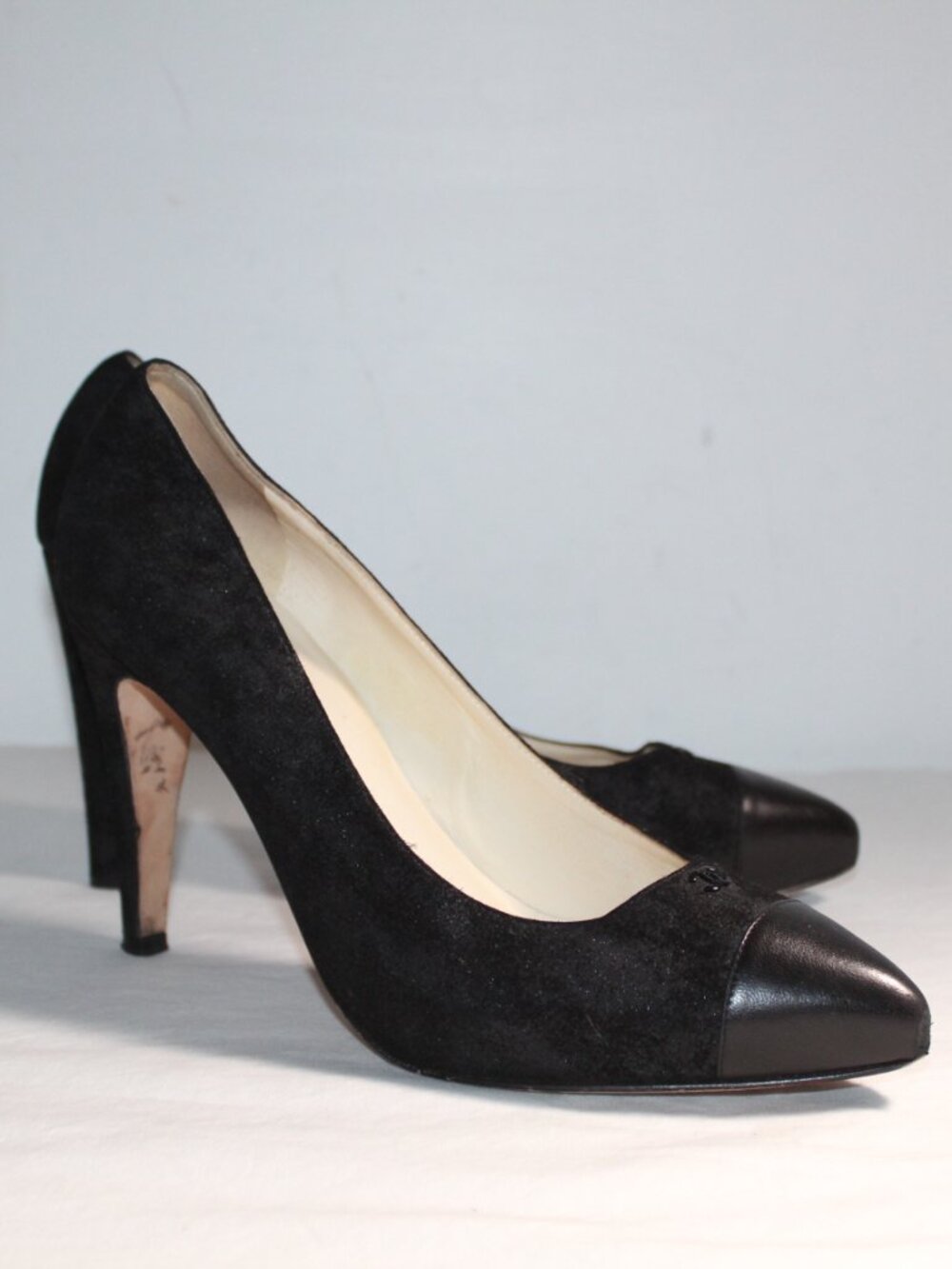 Chanel Black Suede Leather Toe Cap CC Heels Pumps 40.5